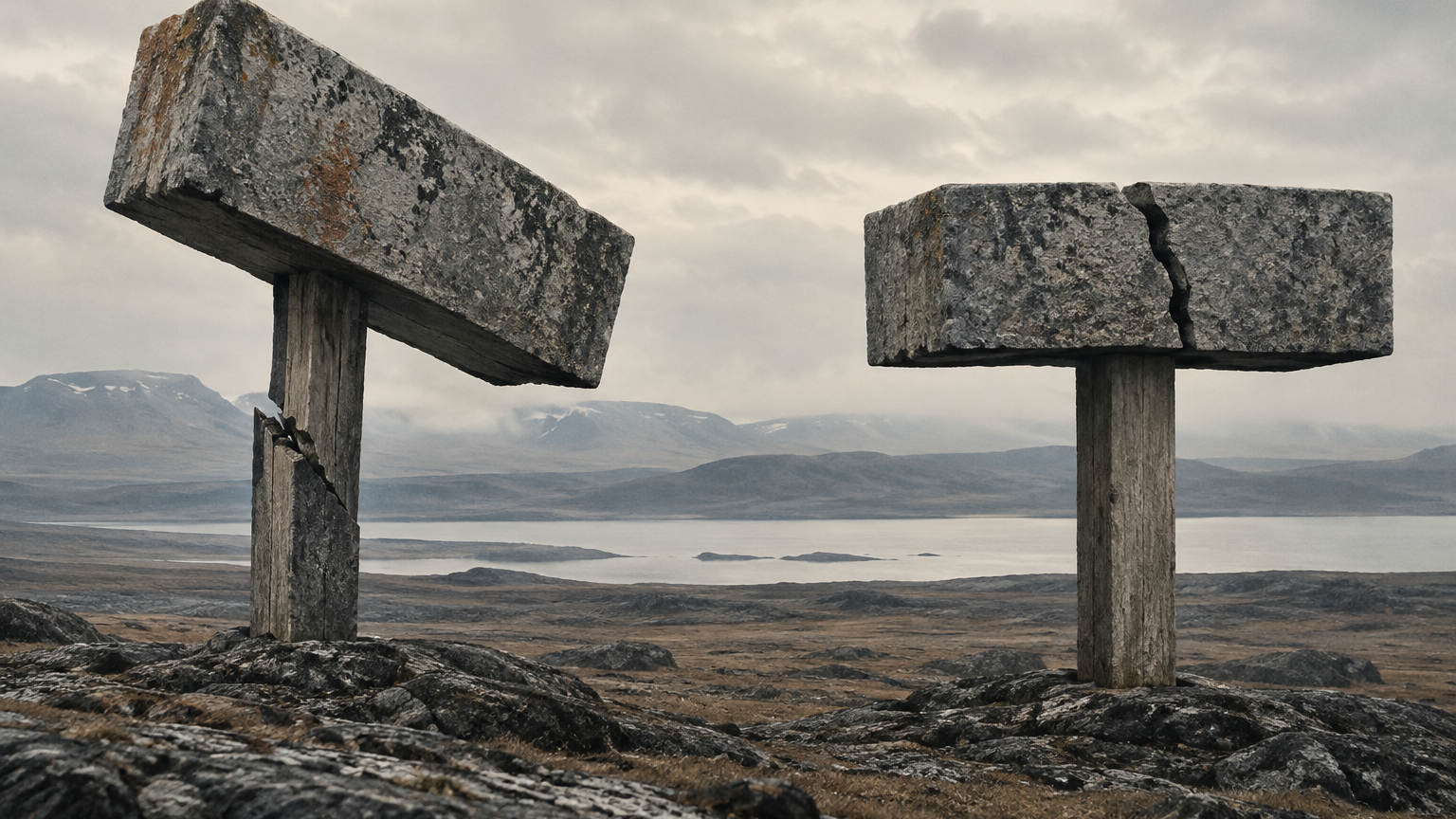 Two stone structures stand side by side on a wide outdoor plain under flat overcast light, seen from a slightly elevated distant viewpoint. In the left structure a thin supporting plank has cracked so the upper slab tilts but still rests on its remaining support; in the right structure the supporting plank is intact yet the upper slab has split across its own middle. Weathered stone, cool muted palette, no text, no letters, no numbers, no symbols, no people.
