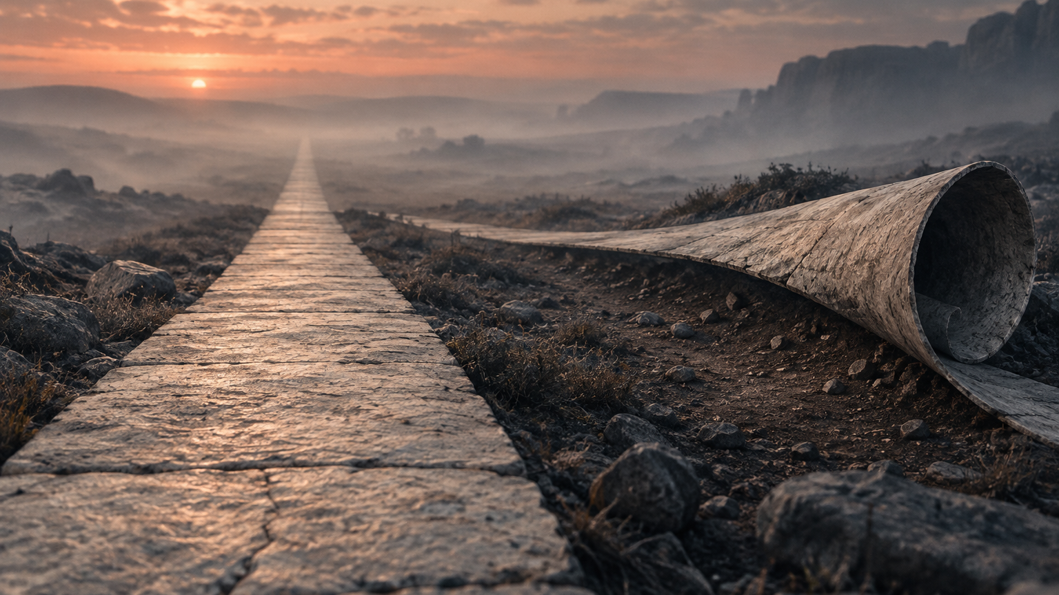 A single narrow path of pale stone splits into two diverging tracks that continue into soft haze, and one track has been physically lifted and rolled aside like a strip of fabric, leaving only one route on the ground. The abandoned strip curls at the edge of the frame while the remaining path runs straight ahead. Muted dawn palette, low eye-level viewpoint, quiet and deliberate mood, no text, no letters, no numbers, no symbols, no people, no hands anywhere in the image.