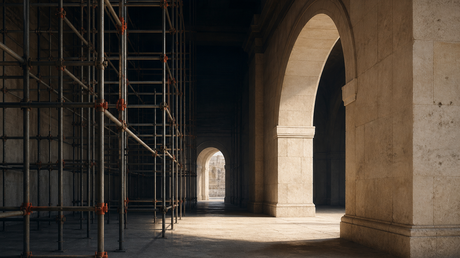 A wide eye-level architectural scene divided into two halves: on the left an unfinished temporary scaffold of thin metal poles and clamps still being assembled around an empty volume, on the right a completed solid stone archway standing finished and load-bearing. Deep spatial recession between them, navy shadows, warm off-white light, a single coral accent on the scaffold joints. No paper, no stationery, no signage, no text.