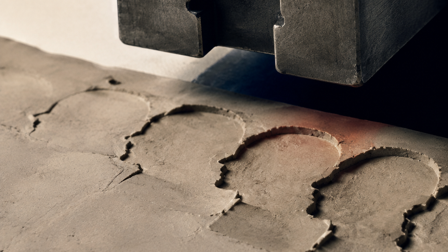 A surreal macro close-up of a heavy metal casting mold hovering just above a soft clay surface that keeps deforming beneath it. The mold holds one unchanging hard-edged profile while the clay below has taken several different shapes in sequence, each impression slightly unlike the last. Asymmetric off-center viewpoint, cold brushed metal against damp clay, deep navy shadow pooling under the floating mold. No paper, no desk, no stationery, no calendar, no text, no numbers.